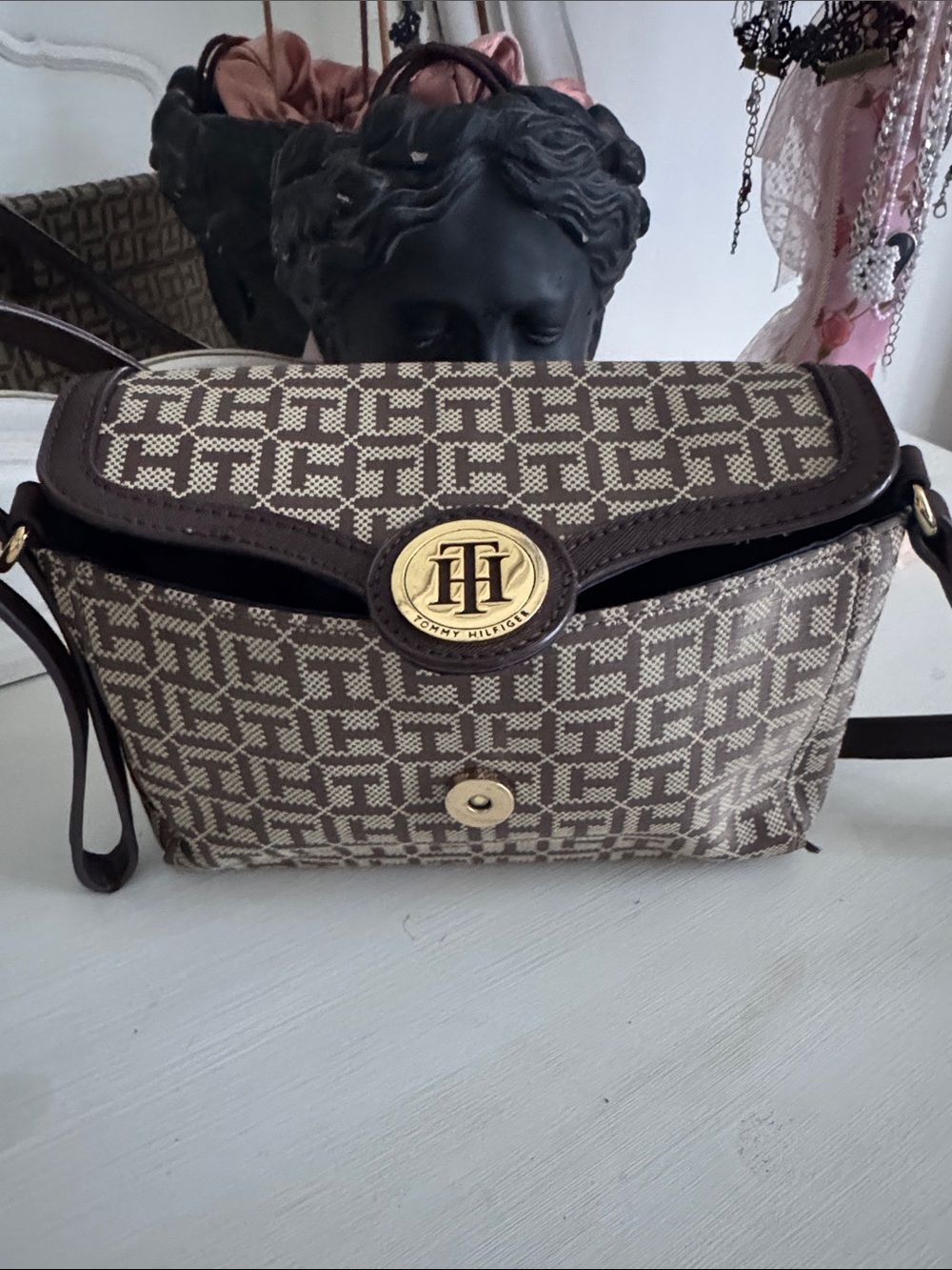 Tommy Hilfiger Brown Patterned Logo Crossbody with Gold Accent
